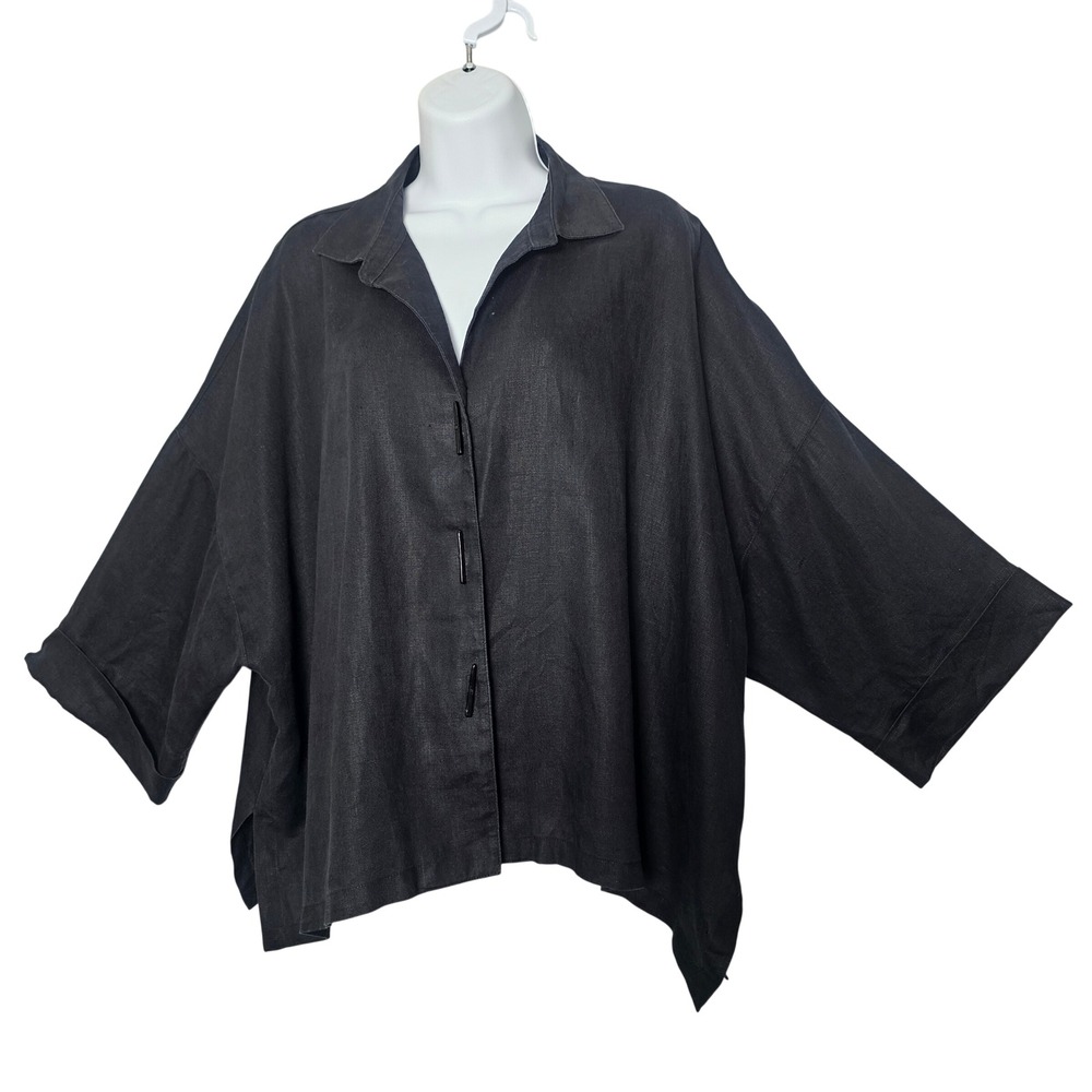 Oversized Black Button-Front Linen Blouse